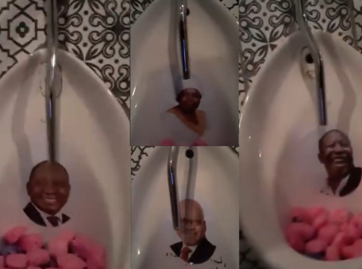 A screenshot of video clip showing faces of President Cyril Ramaphosa, former President Jacob Zuma, former Cooperative Governance and Traditional Affairs Minister Nkosazana Dlamini-Zuma and Economic Freedom Fighters (EFF) leader Julius Malema placed inside urinals in the men's toilet.